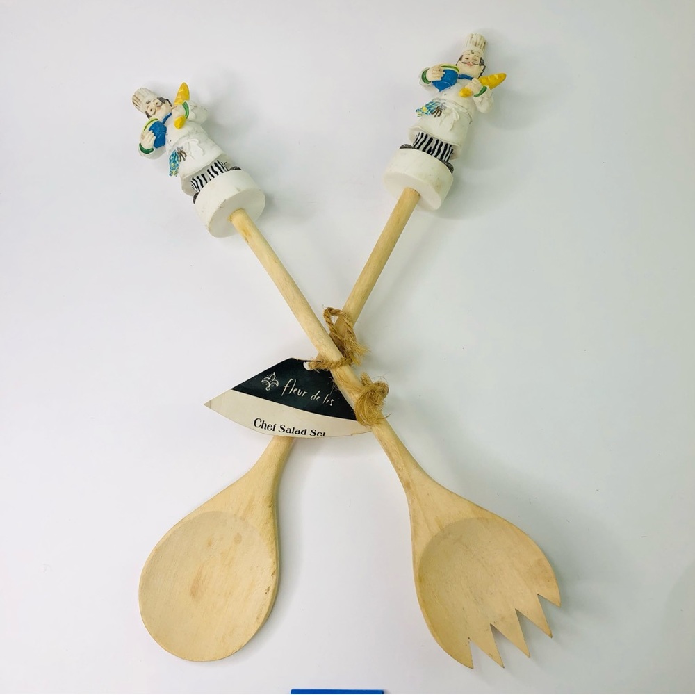 2 pcs Vintage Fleur De Lis Chef Salad Decorative Wooden Spoon Fork Salad Servers